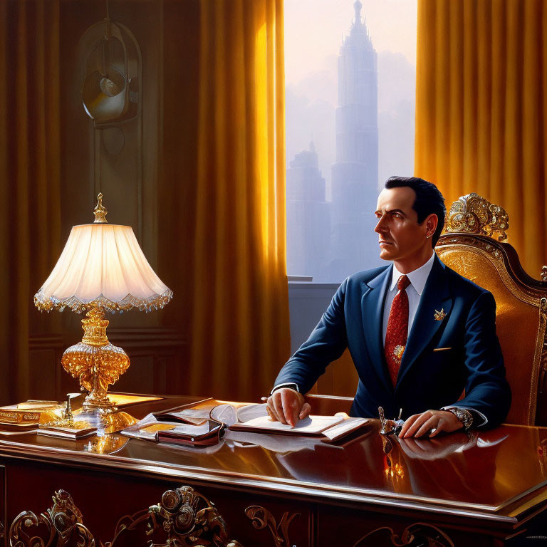 Businessman in Suit at Elegant Desk in Luxurious Office with City Views