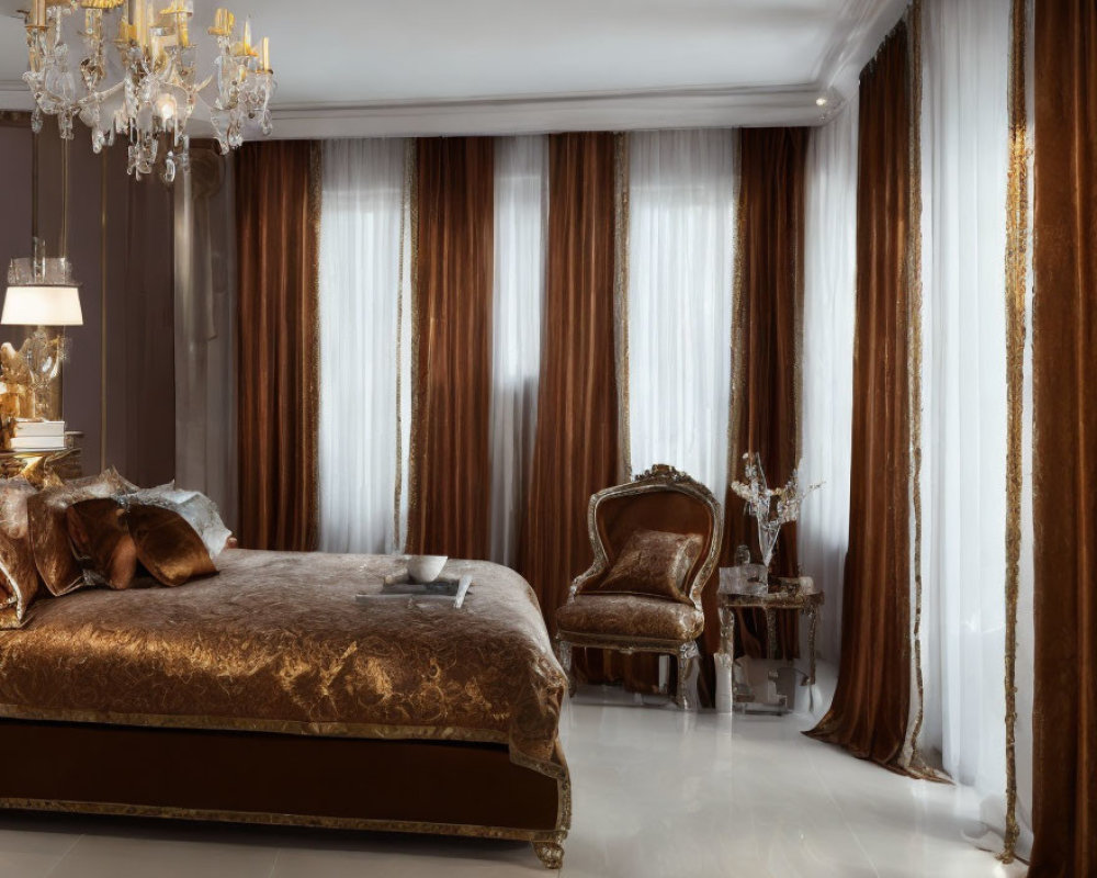 Elegant bedroom with large golden-brown bed, chandelier, plush chair, and brown & white