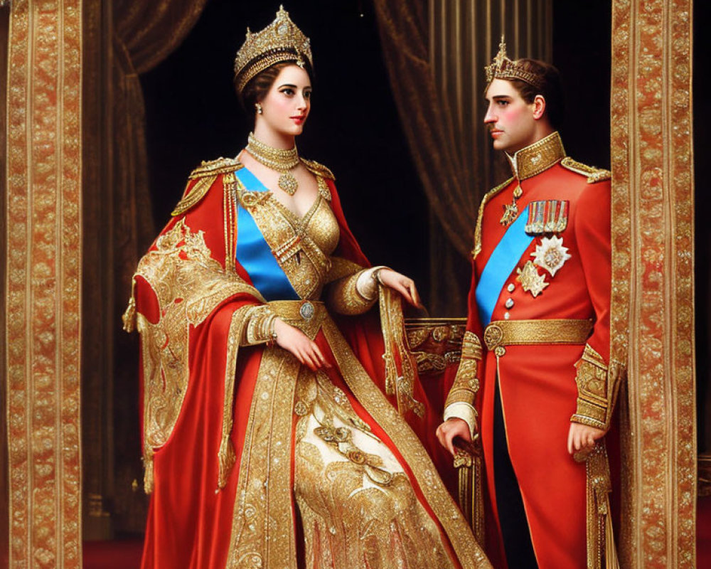 Regal man and woman in ornate dress and crowns in luxurious room