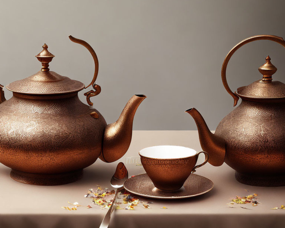Bronze tea set with teapot, sugar bowl, creamer, cup, saucer, loose