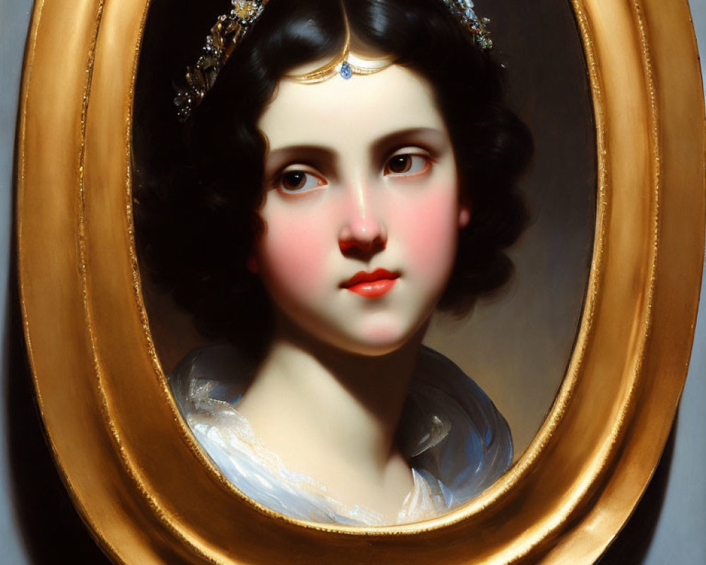 Young Woman Portrait with Dark Hair and Jeweled Headpiece in Oval Gold Frame