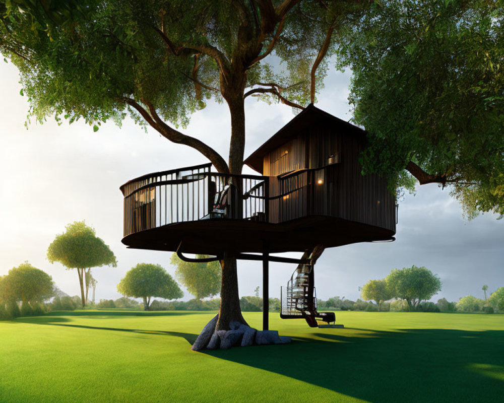 Tranquil treehouse nestled in lush landscape