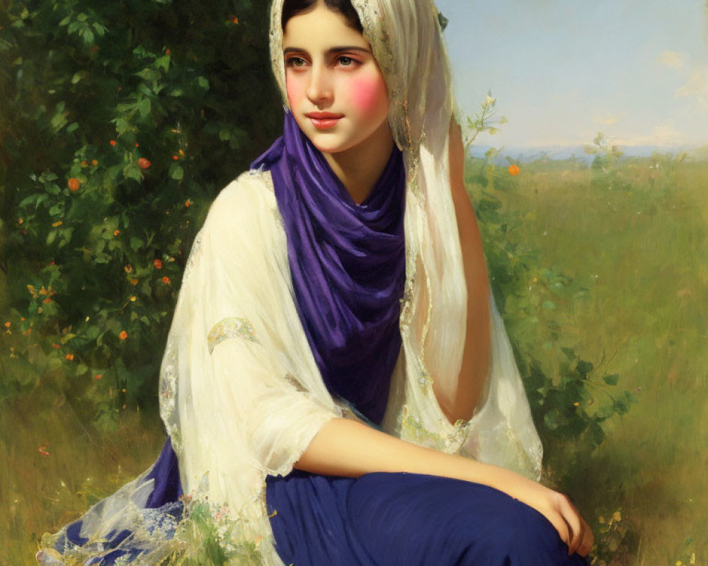 Young woman in white dress with purple shawl seated in sunny meadow
