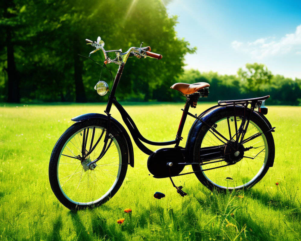 Black Bicycle on Green Grass Under Sunny Sky with Trees