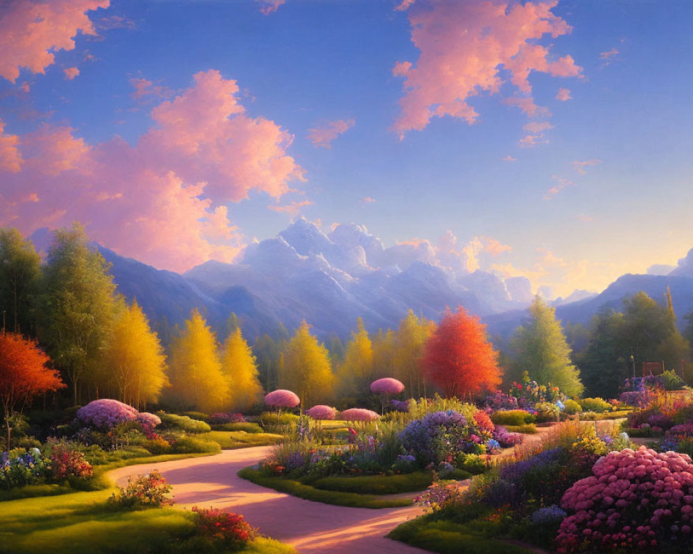 Colorful garden with winding path and snow-capped mountains in pink sky