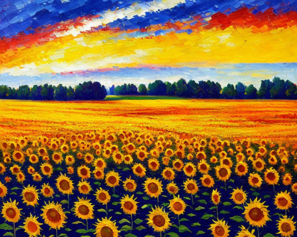 Sunflower Field Oil Painting with Blue Sky and Tree Line
