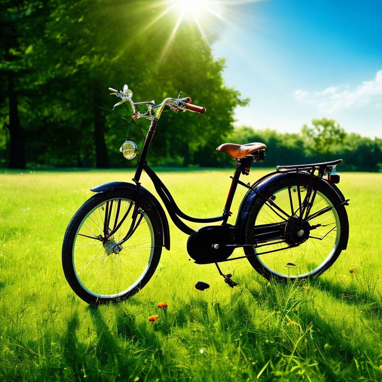Black Bicycle on Green Grass Under Sunny Sky with Trees