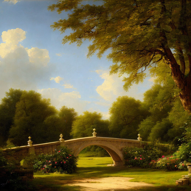 Tranquil landscape with stone bridge, stream, greenery, flowers, tree, and cloudy sky
