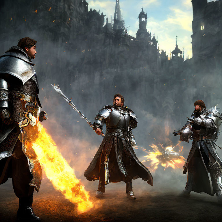 Fantasy setting with three armored knights and a flaming sword.