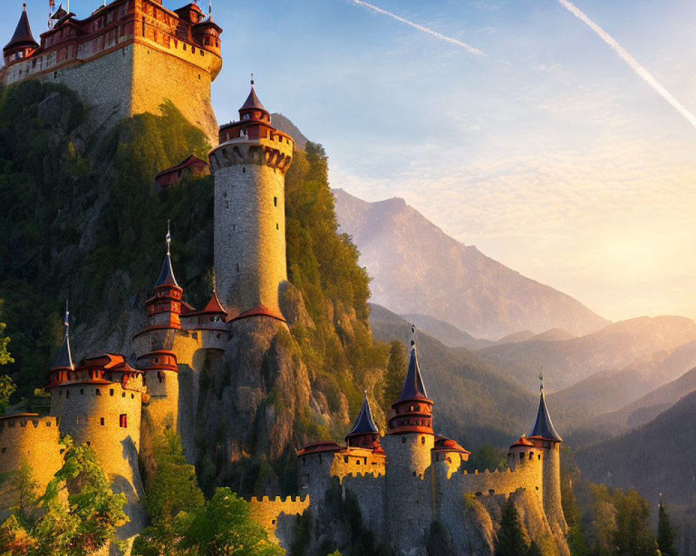 Medieval castle on rocky outcrop in golden sunlight with lush forest backdrop