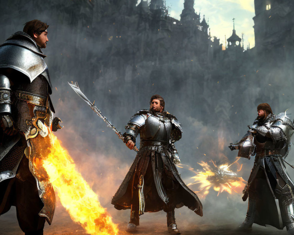 Fantasy setting with three armored knights and a flaming sword.