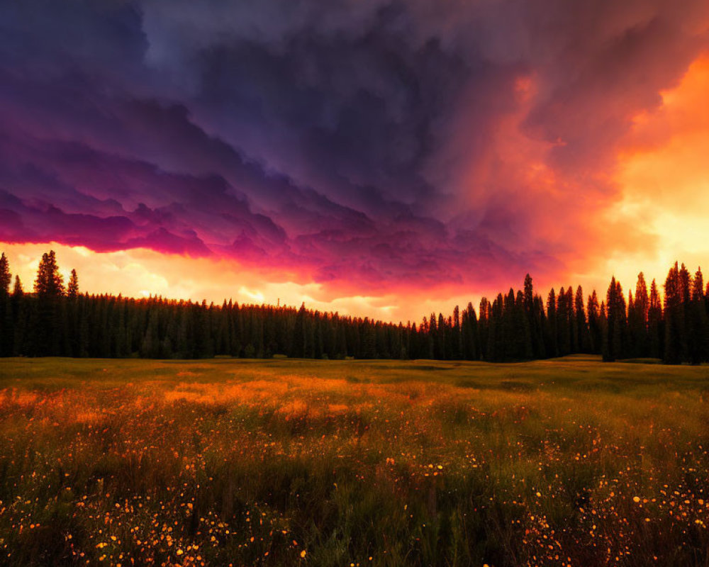 Vibrant sunset over stormy sky, wildflowers, and pine forest