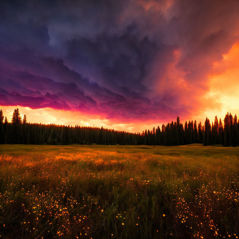 Vibrant sunset over stormy sky, wildflowers, and pine forest