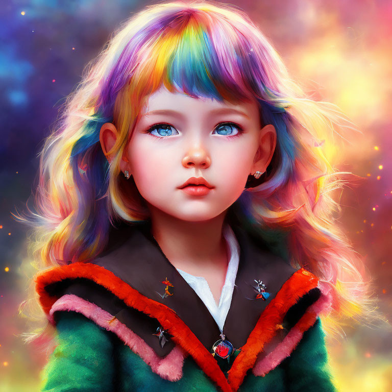Colorful digital portrait of young girl with rainbow hair in celestial setting wearing pin-adorned jacket