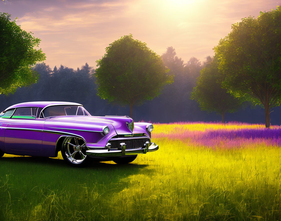 Vintage Purple Car in Field of Purple Flowers at Sunset