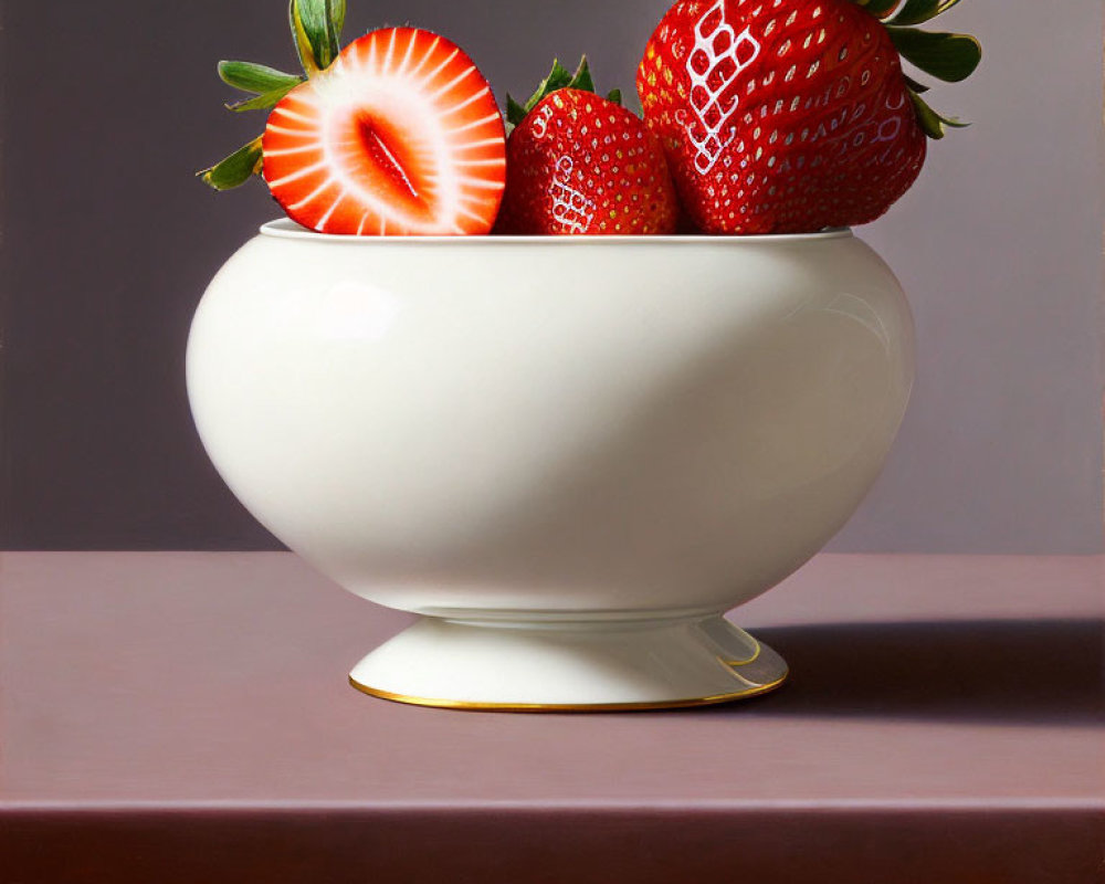 Ripe strawberries in white footed bowl on wooden surface