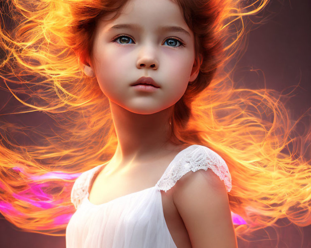 Young girl with fiery hair in orange and purple against dark backdrop
