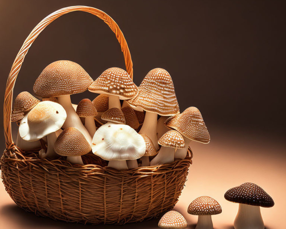 Brown mushrooms in woven basket on neutral background