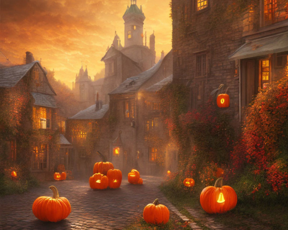 Historic cobblestone street with carved pumpkins at dusk
