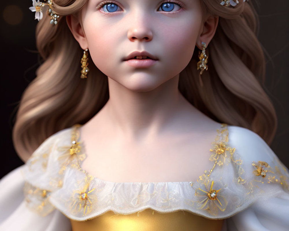 Close-up digital artwork of young girl with blue eyes, floral hair accessories, gold earrings, yellow dress