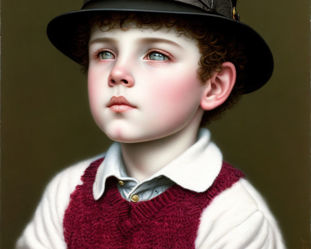 Young boy portrait with curly hair, top hat, and burgundy vest