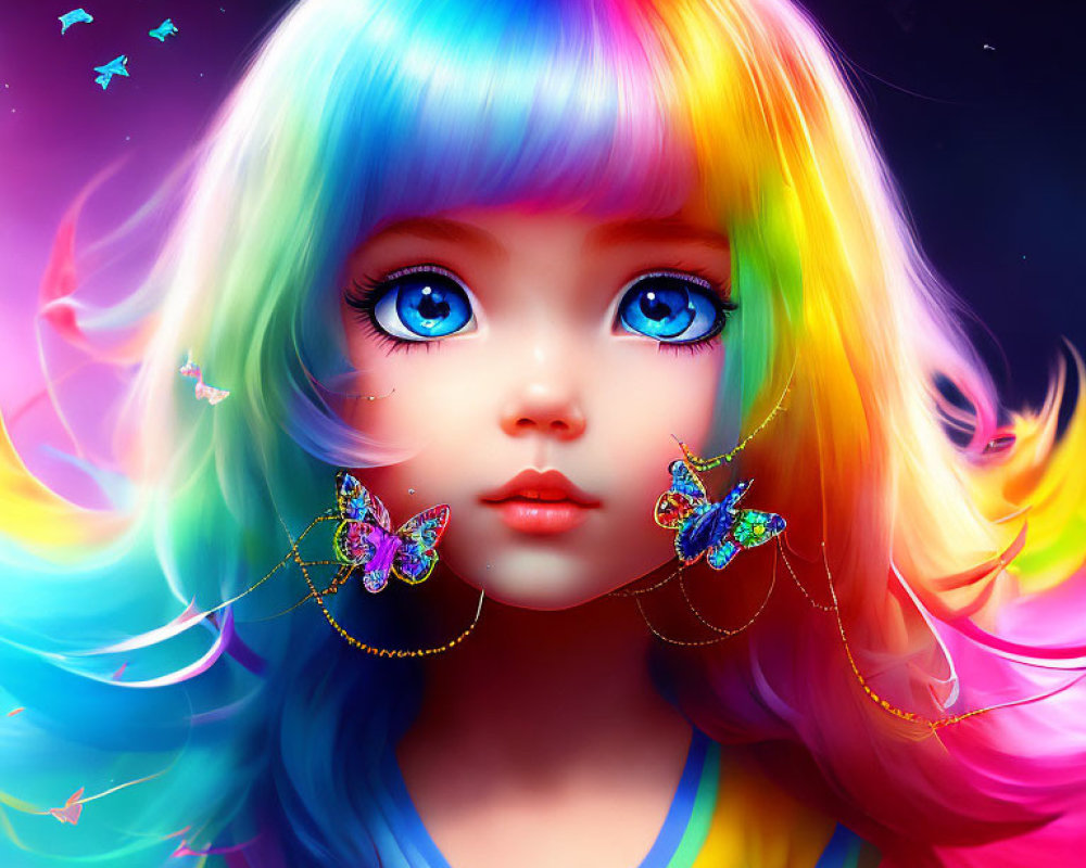 Vibrant digital artwork of girl with rainbow hair and butterflies