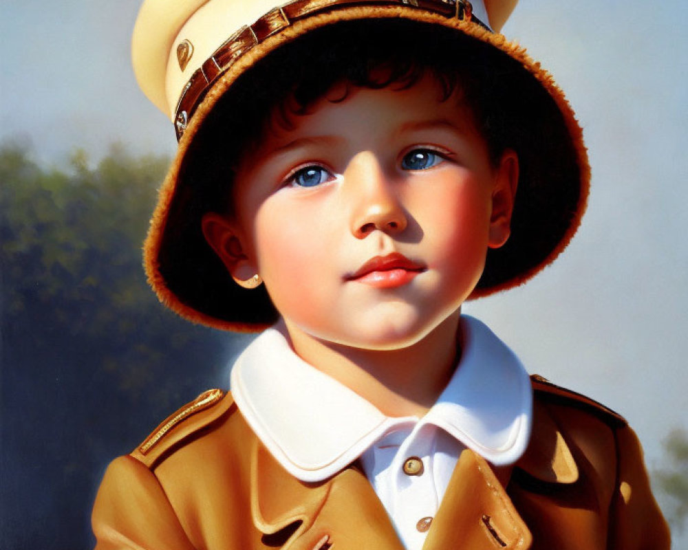 Portrait of a Child with Blue Eyes in White Shirt and Brown Jacket