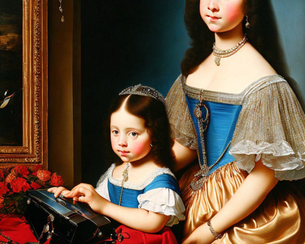 Historical painting of two young girls in ornate dress with book at table