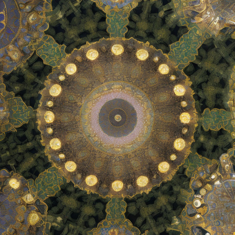 Symmetrical golden fractal design with intricate patterns on dark background