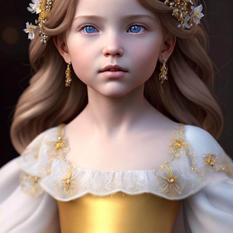 Close-up digital artwork of young girl with blue eyes, floral hair accessories, gold earrings, yellow dress