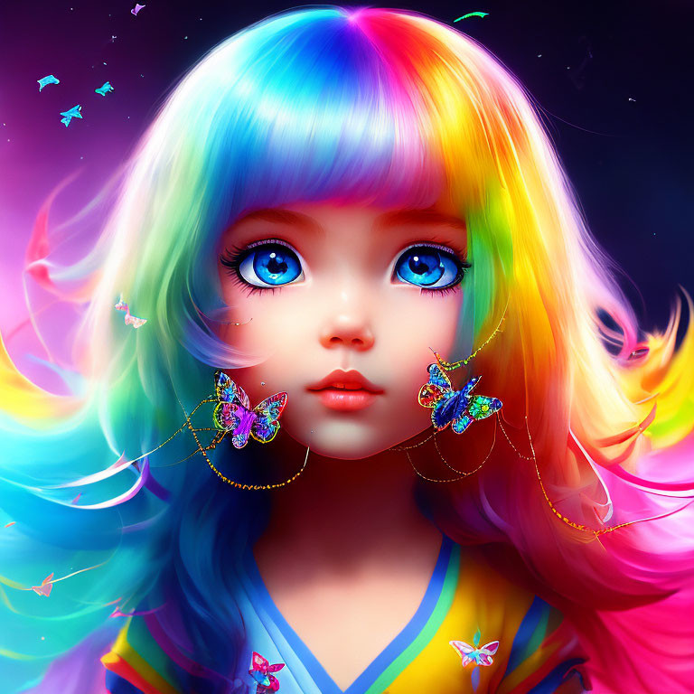 Vibrant digital artwork of girl with rainbow hair and butterflies