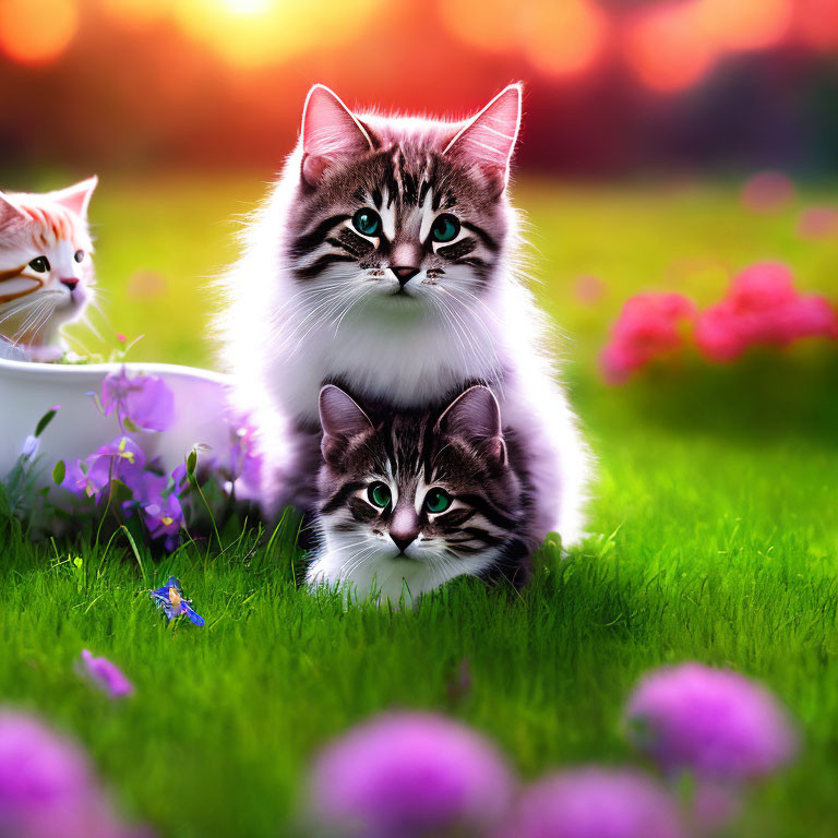 Fluffy kittens in vibrant garden with bowl and flowers