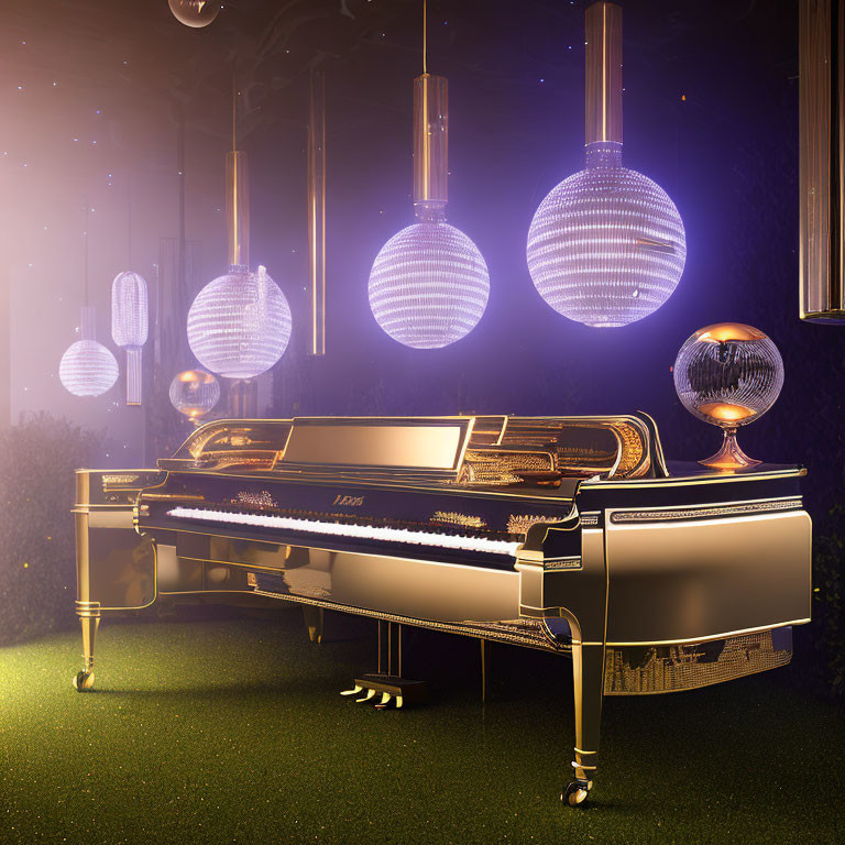 Grand Piano with Open Lid Surrounded by Hanging Lights and Golden Ambiance