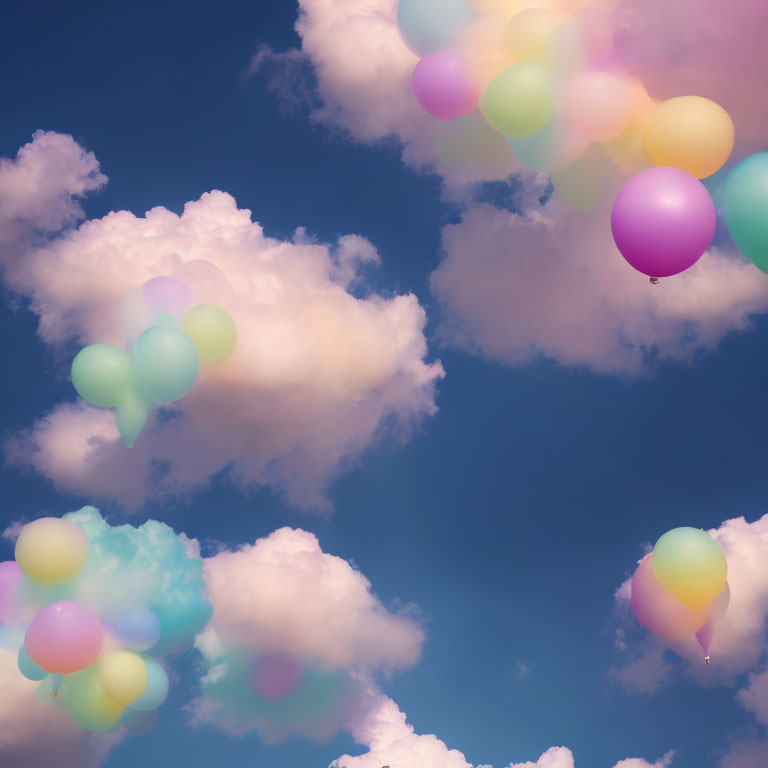 Vibrant balloons float in serene sky with fluffy clouds on clear day