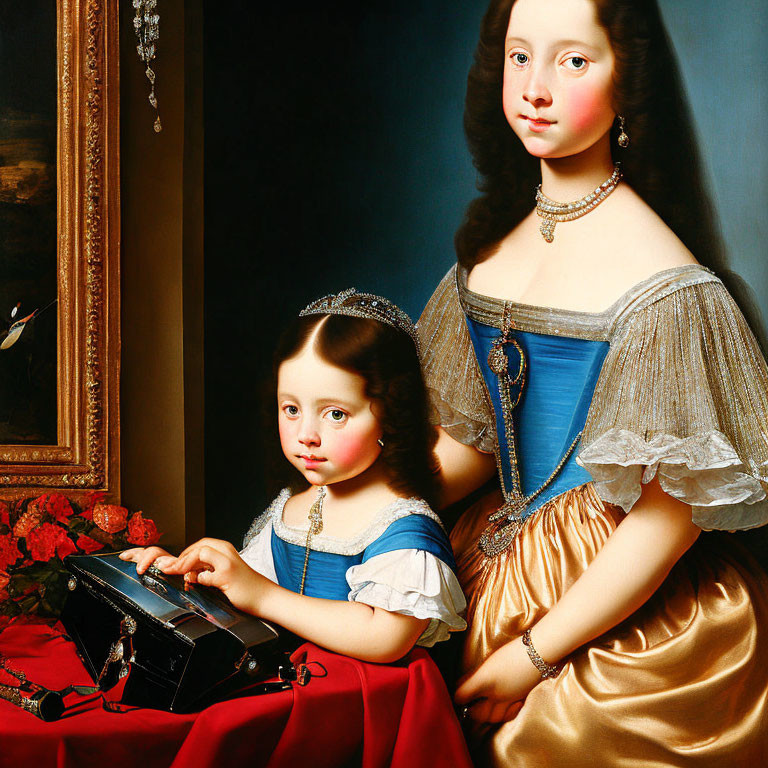Historical painting of two young girls in ornate dress with book at table