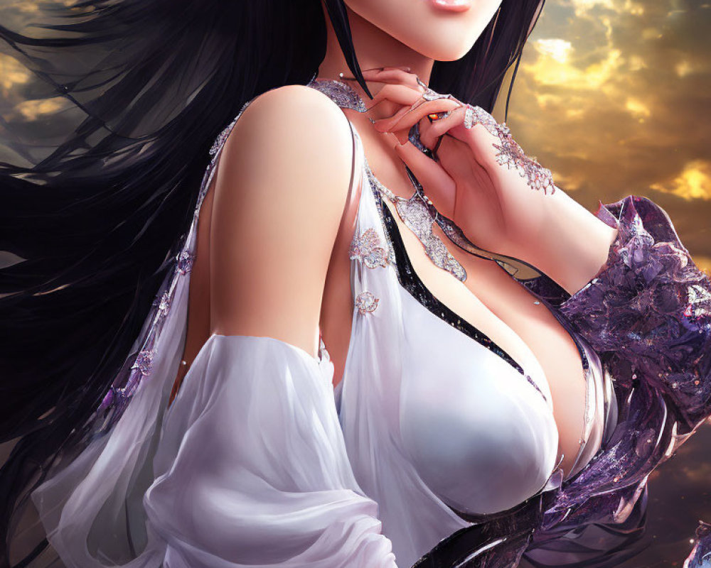 Illustration of a female character with long black hair in white and purple fantasy attire under dramatic sky