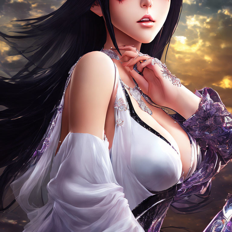 Illustration of a female character with long black hair in white and purple fantasy attire under dramatic sky