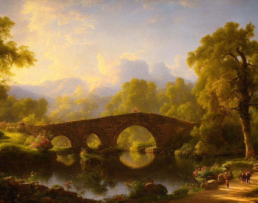 Tranquil landscape with old stone bridge over calm river