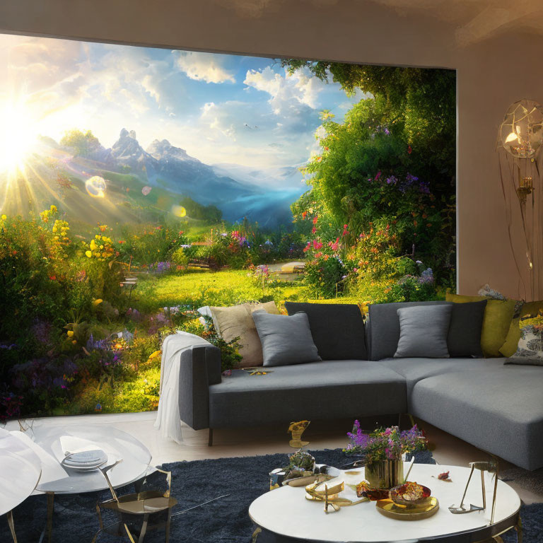 Modern living room with garden view and mountain backdrop.