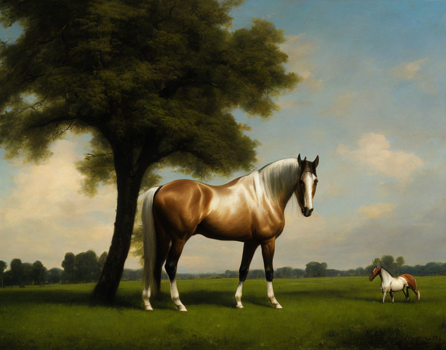 Chestnut and White Horse in Lush Field Under Cloudy Sky