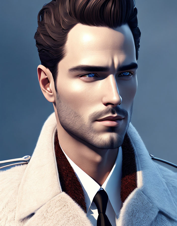 Portrait of a man with styled hair and blue eyes in white coat