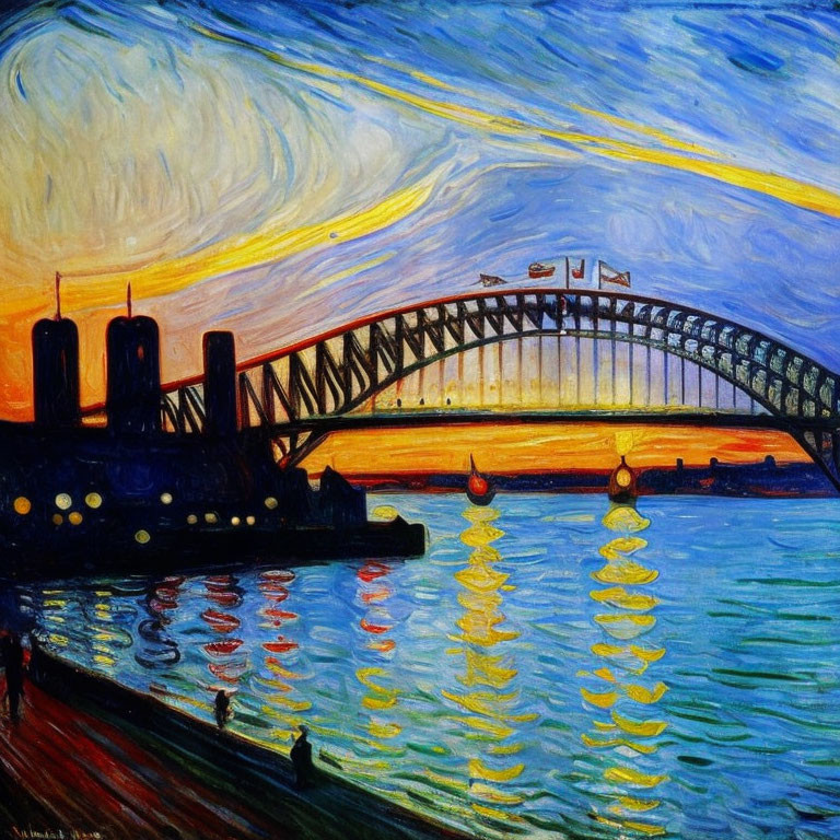 Colorful expressionist painting of a bridge at sunset with vivid blues and yellows.