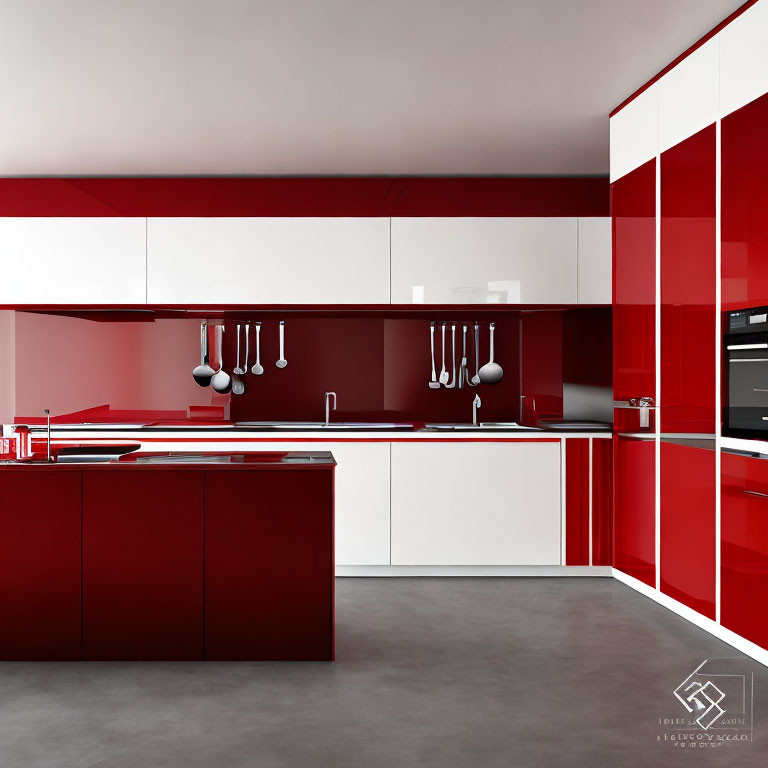 Contemporary Kitchen Design: Red and White Color Scheme, Glossy Cabinets, Integrated Appliances, Island with