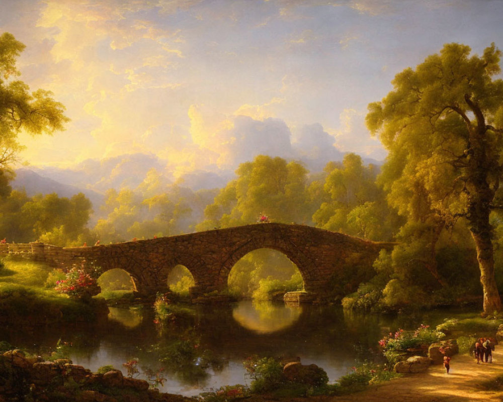 Tranquil landscape with old stone bridge over calm river