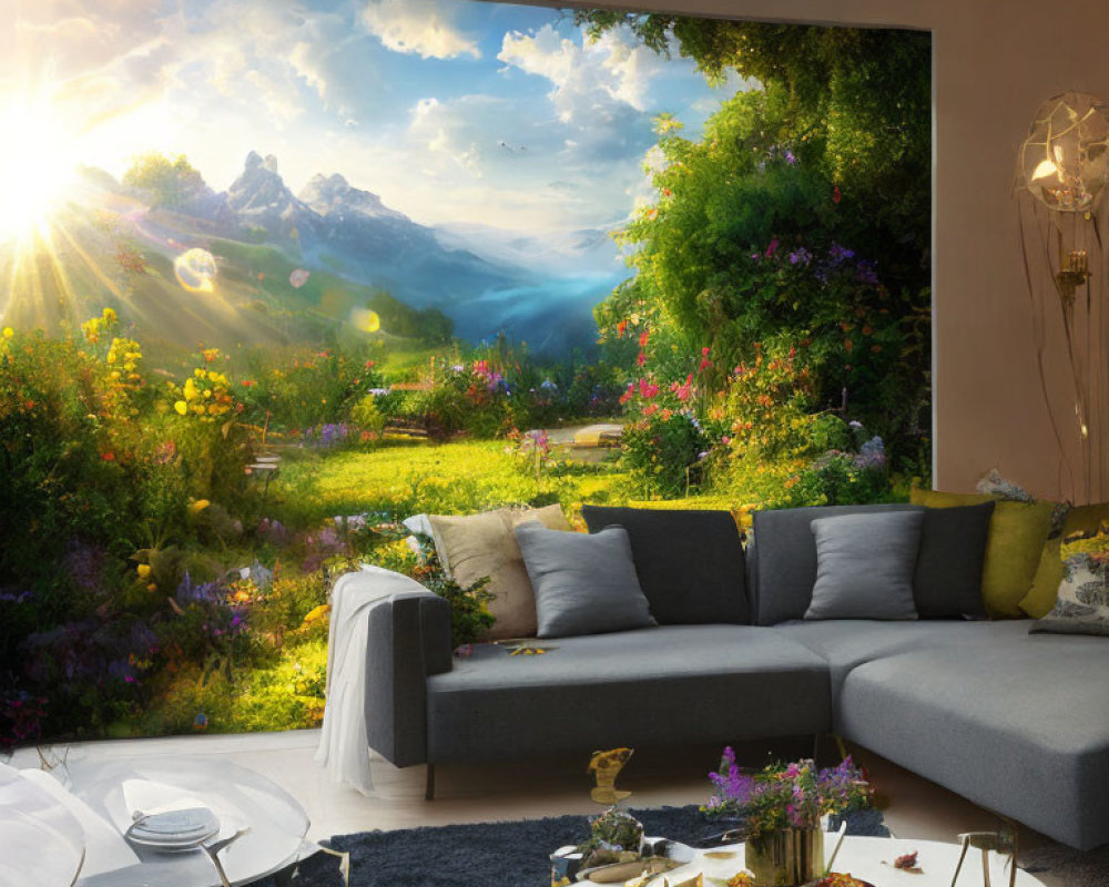 Modern living room with garden view and mountain backdrop.