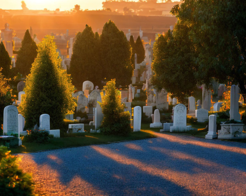 Sunset scene in cemetery with gravestones casting long shadows