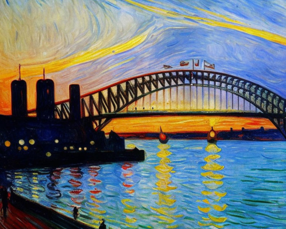 Colorful expressionist painting of a bridge at sunset with vivid blues and yellows.