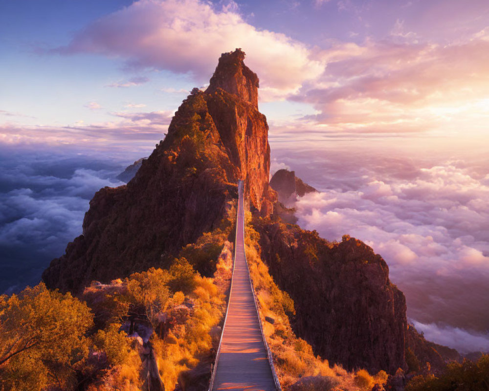 Wooden walkway to mountain peak above clouds at sunset with purple sky