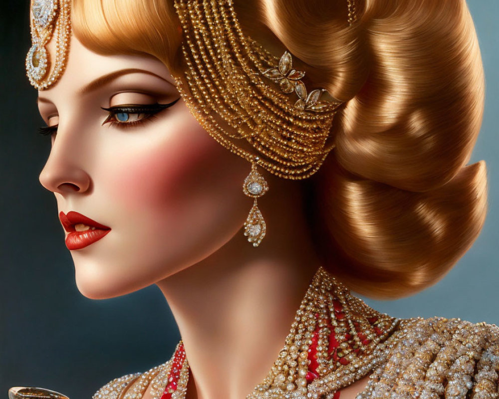 Illustration of woman with glamorous makeup, ornate jewelry, and elaborate hairstyle