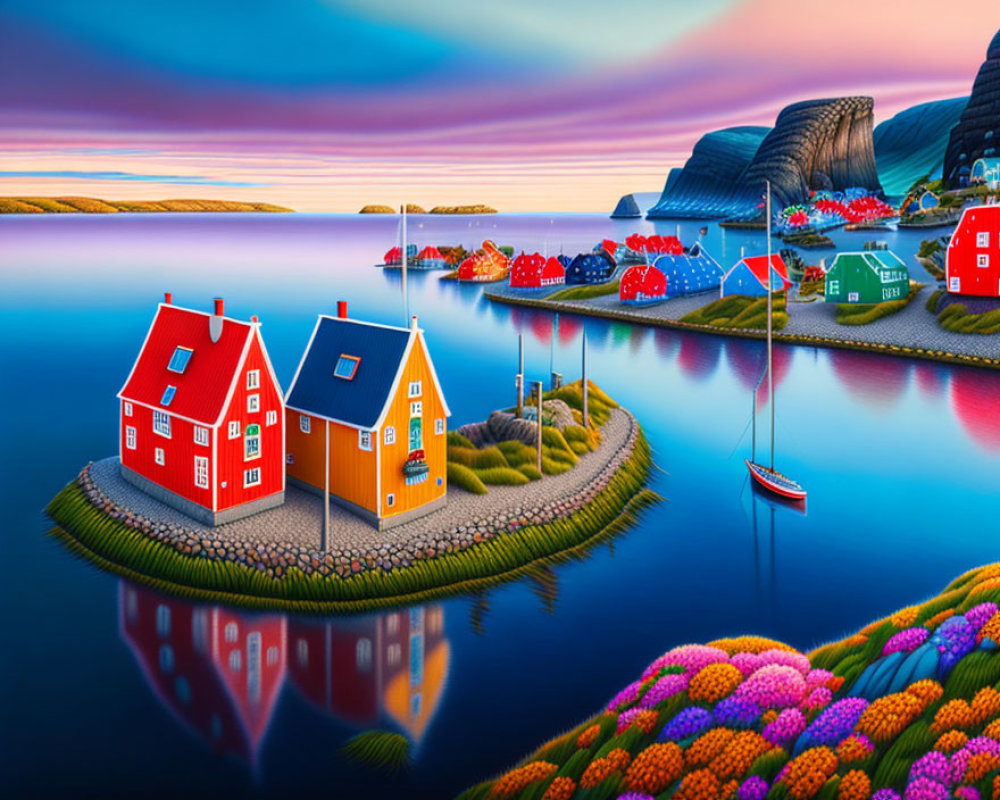 Scenic coastal village with colorful houses, sailboat, and sunset sky